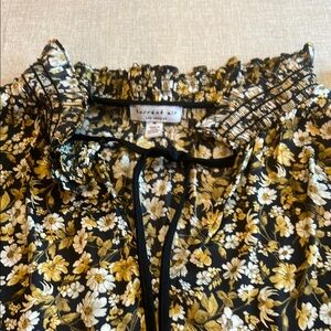 Current Air Black Floral Top with Ruffled Neckline